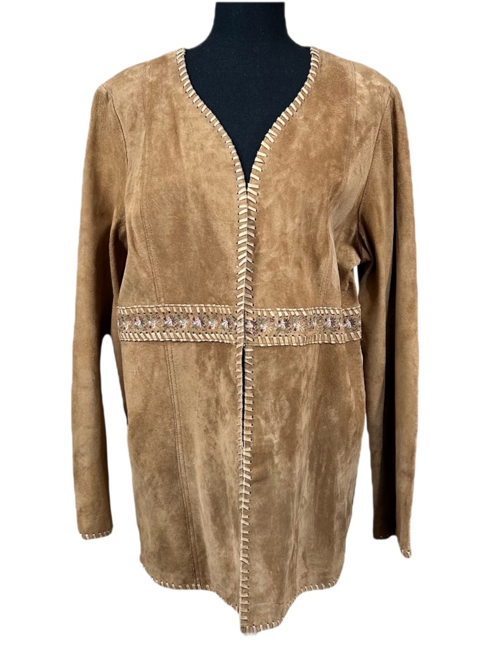 Brandon Thomas Suede Leather Tan Artsy Boho Embroidered Jacket Size L